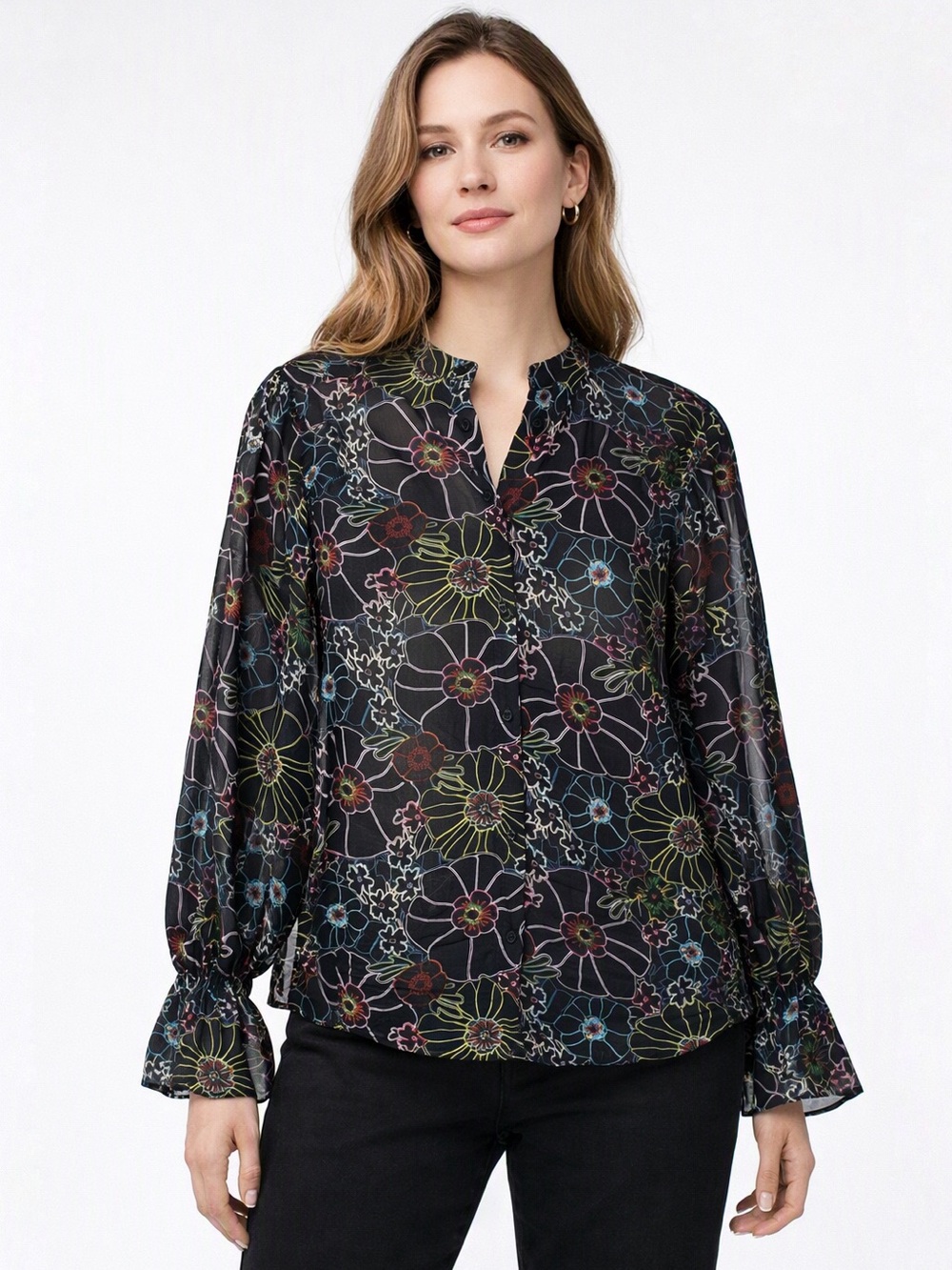 NWT Steve Madden Camella Floral Black Sheer Blouse at Revolve Size Small